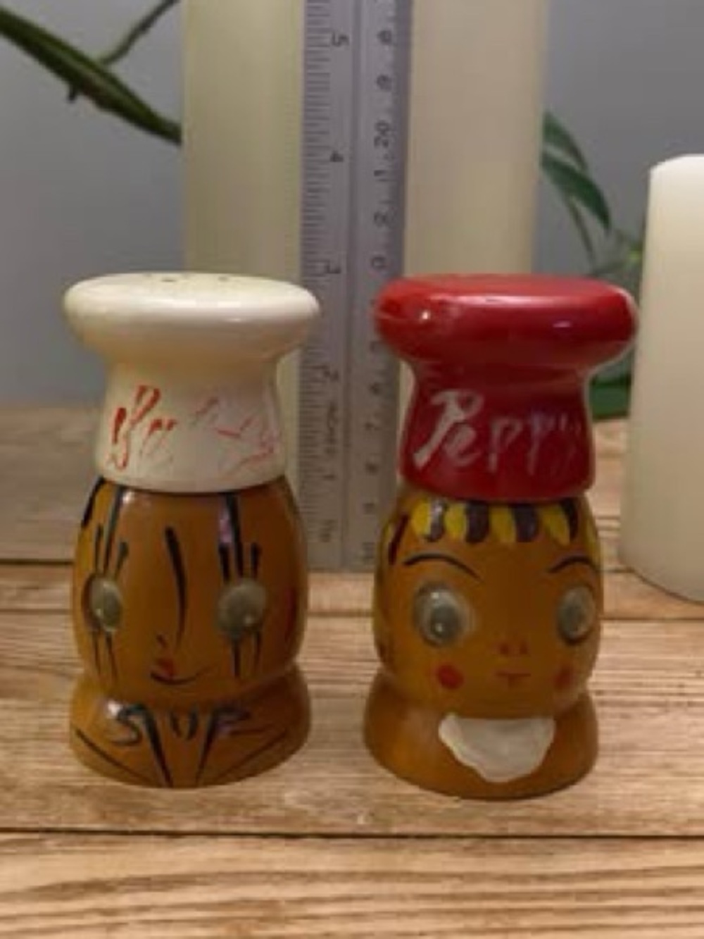 Vintage Wooden Chef Salty & Peppy Salt Pepper Shakers Non Working Noise Maker